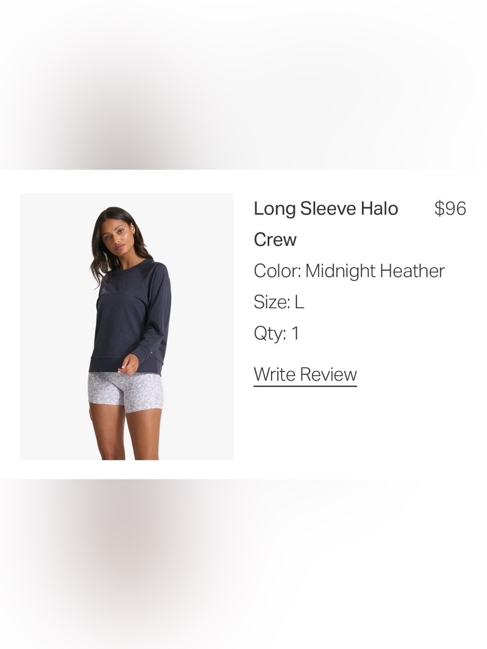 Vuori Long Sleeve Halo Crew - Midnight Heather (Navy), size L